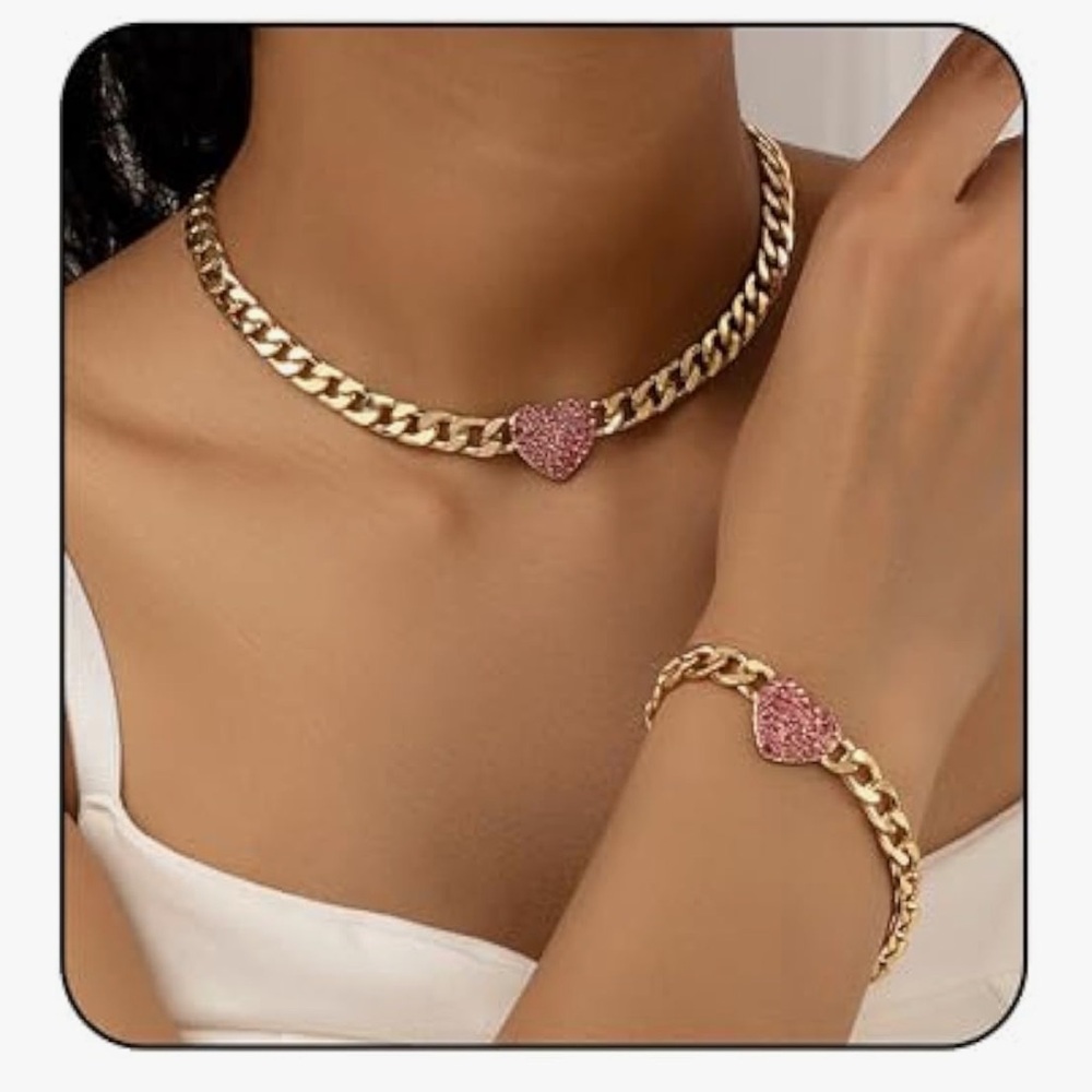 🆕 Rheinstone Heart Necklace Bracelet Set Sparkling Heart Cuban Chain Choker